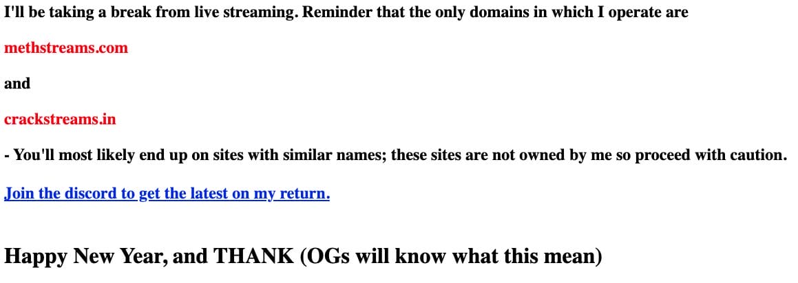 MethStreams Shutdown Note to Users