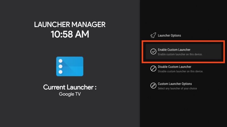 select enable custom launcher