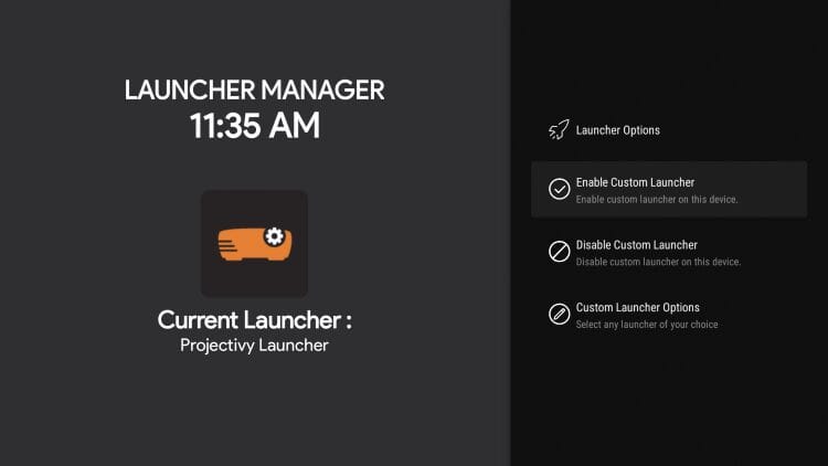 current launcher displayed
