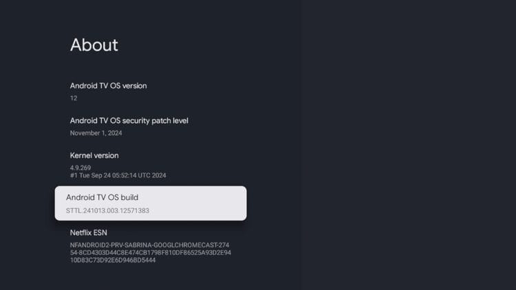 Scroll down and click Android TV OS Build about 7 times to enable developer options.