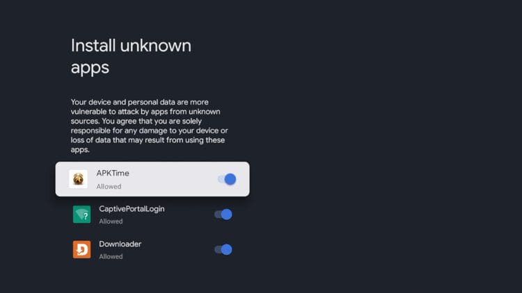 Just like the previous example, click the toggle for APKTime to turn on unknown apps.
