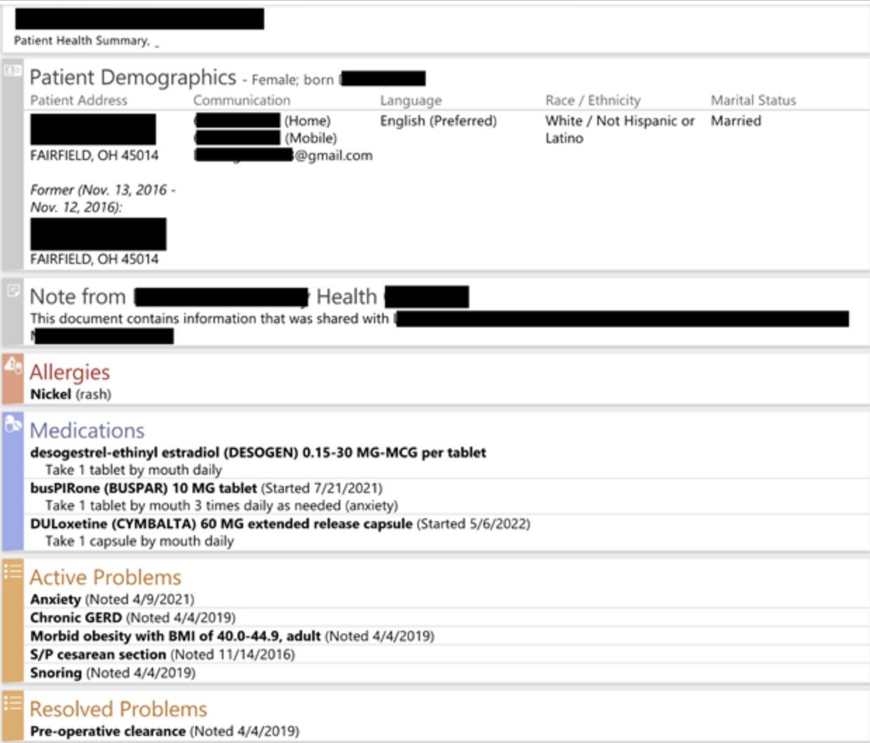 Exposed Patient Health Summary