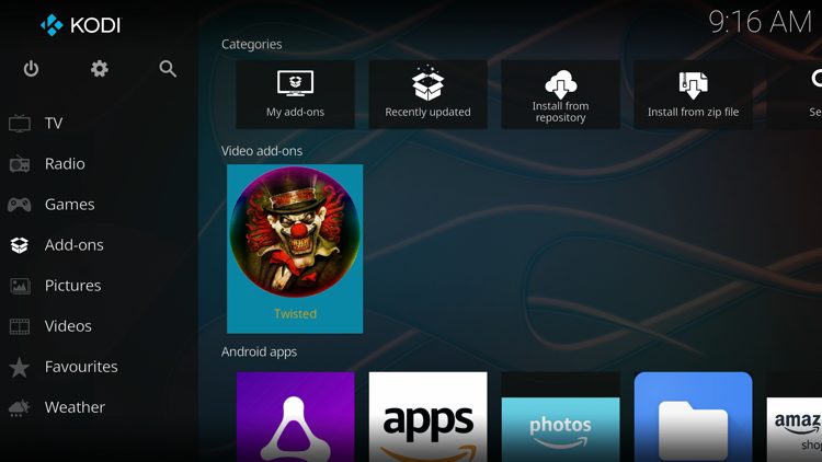 Then go back to the Home screen of Kodi and select Add-ons, then choose Twisted