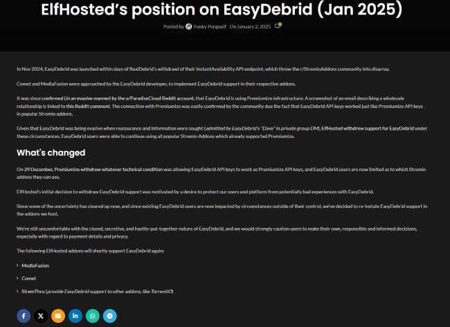 ElfHosted Postion on Easy Debrid