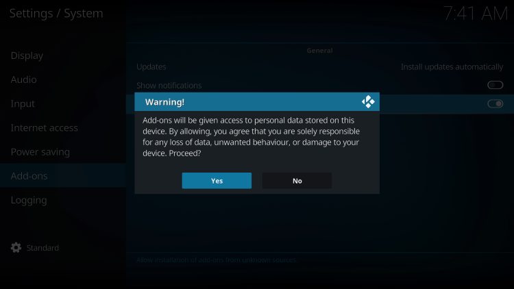 Warning message about Kodi addons