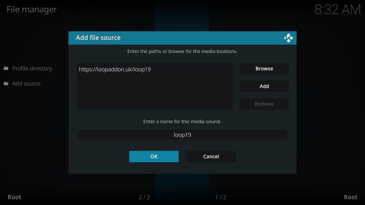 Highlight the box under the source that you just typed in and enter a name for this media source for the loop kodi addon