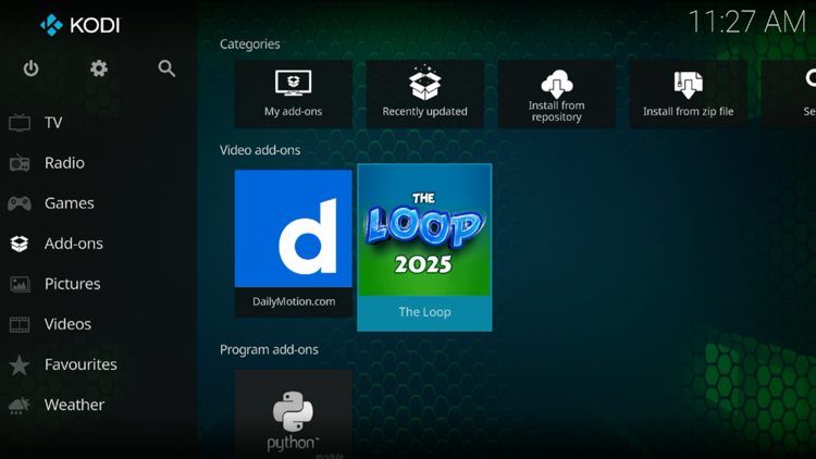 Then go back to the Home screen of Kodi and select Add-ons, then choose The Loop.