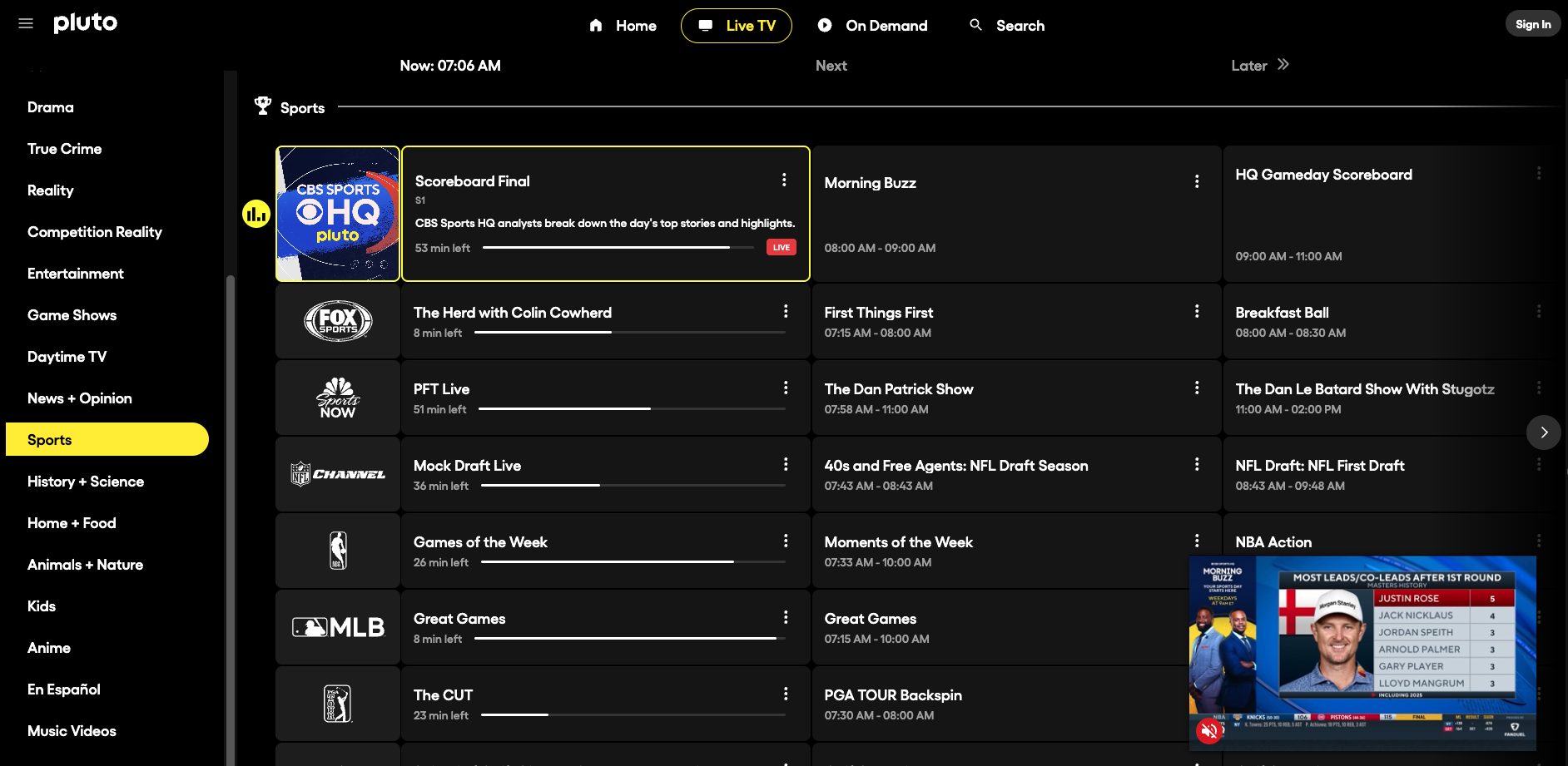 Pluto TV Website Sports