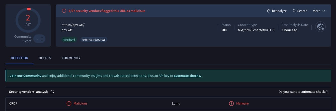 VirusTotal Scan of a popular sports website