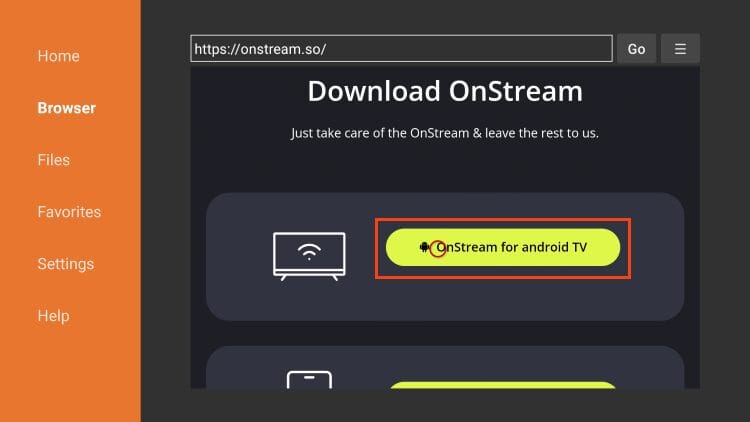 select download OnStream for android tv