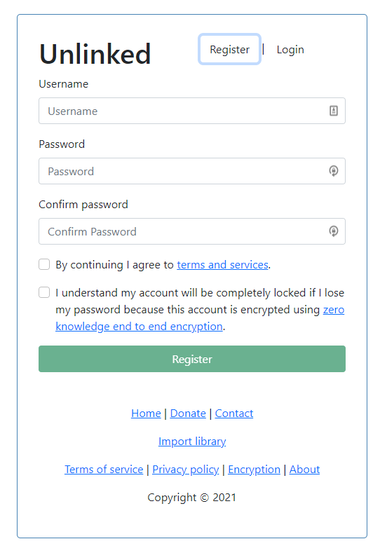 Visit Unlinked's website and click Register to create a free account.