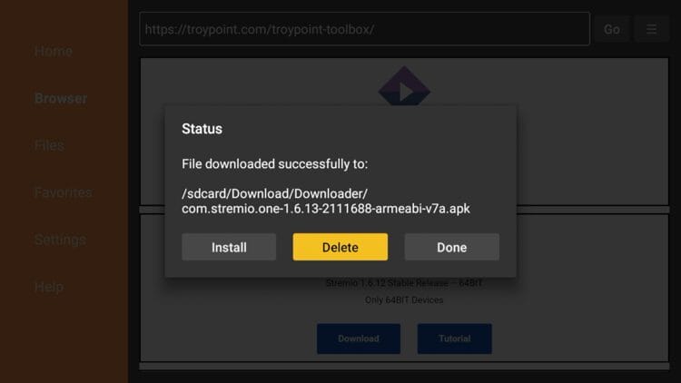 Click Delete to remove the installation file.