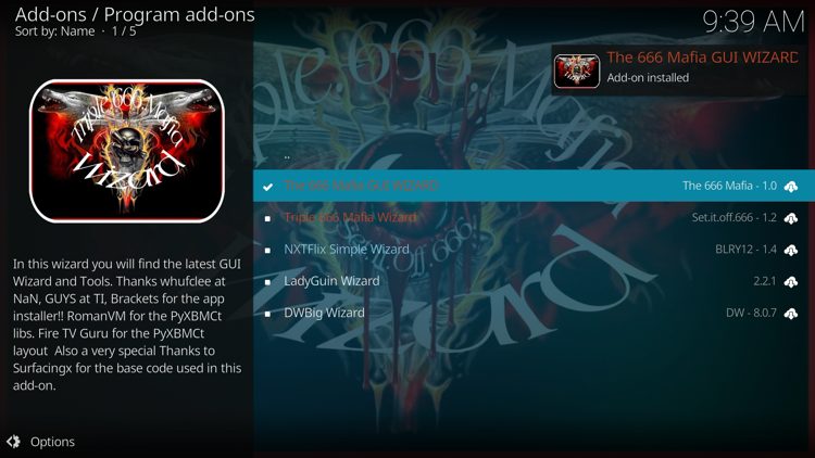 The wizard add-on installed message will now display in the upper right-hand corner.