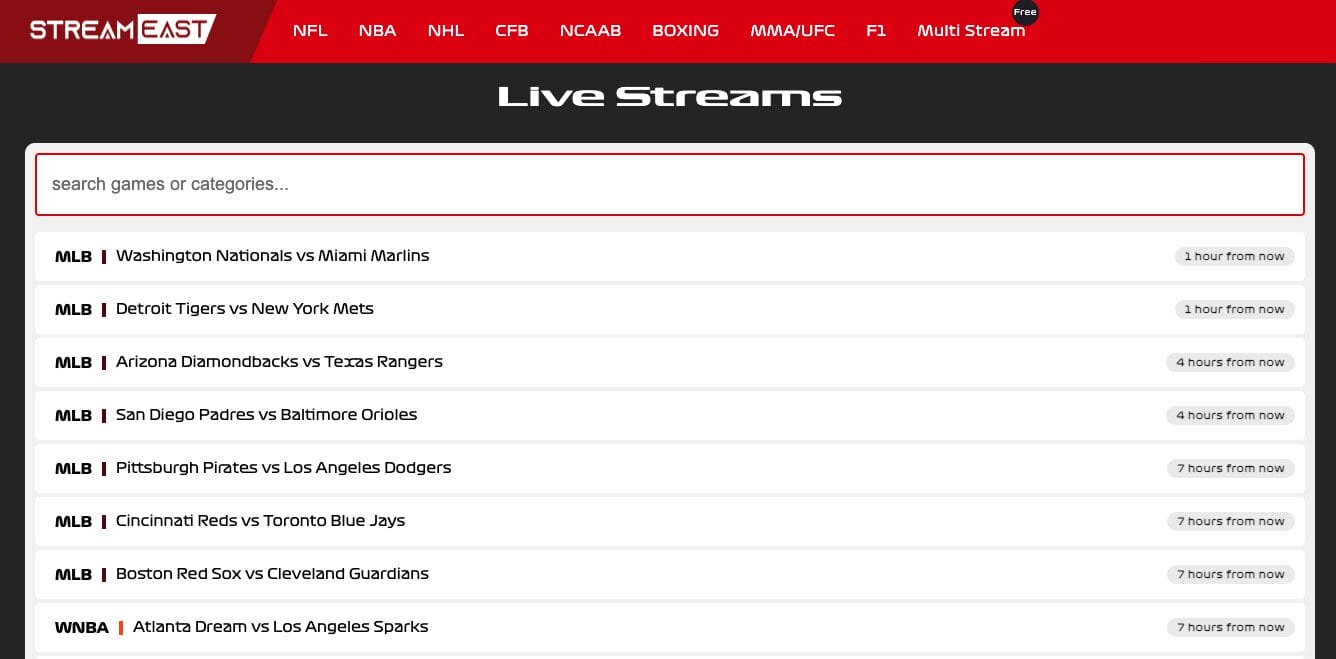 Streameast Website Interface