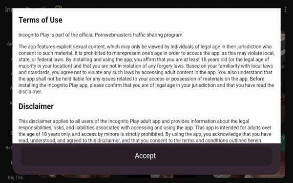 Upon launching any adult APK, there will likely be a Disclaimer message. Scroll through and click Accept.