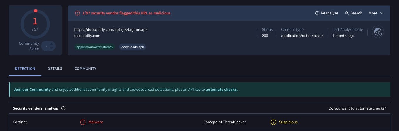VirusTotal Scan of Popular Adult App