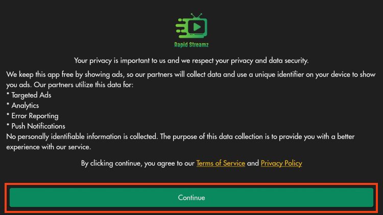 select continue for rapid streamz