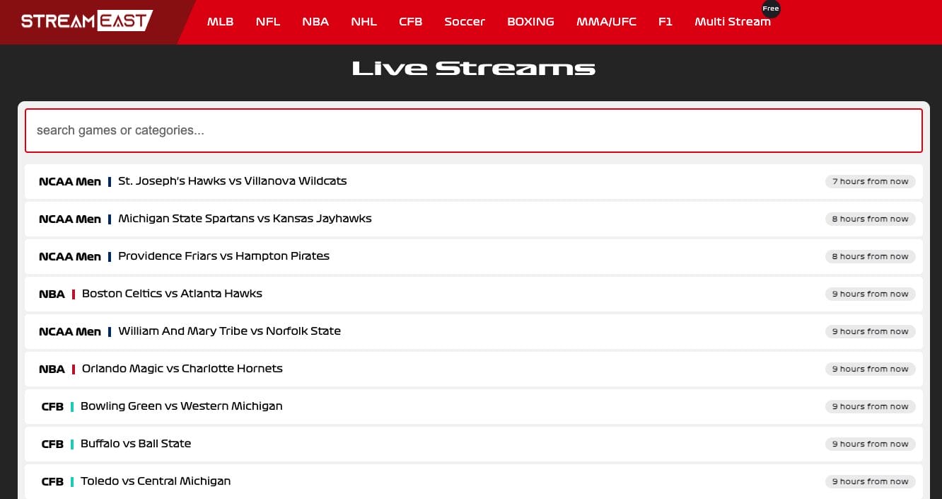 StreamEast Website Interface
