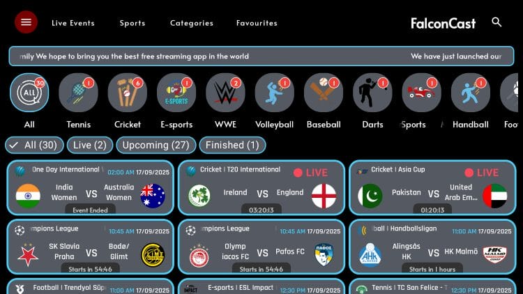 FalconCast home screen