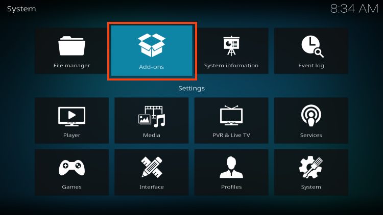Click the back button on your remote to return to the System menu. Then select Add-ons.