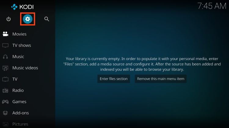 First install the Kodi application on your device. Then launch Kodi and click the Settings icon.