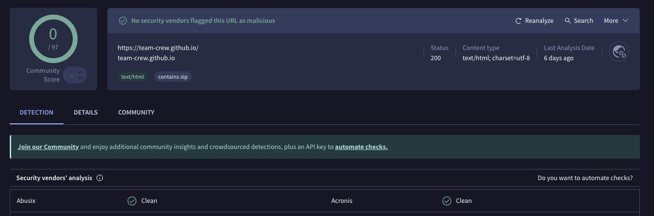The Crew Addon VirusTotal Scan