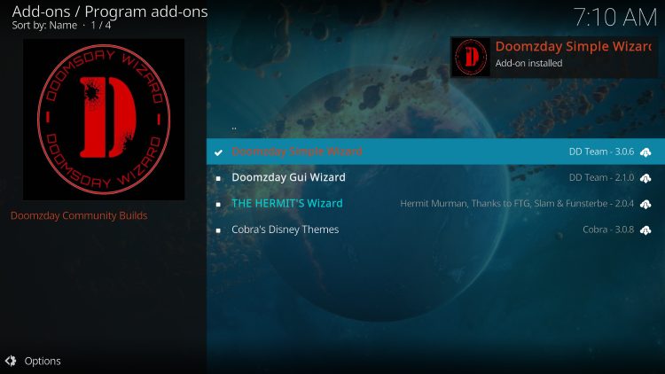 doomzday simple wizard installed message appears