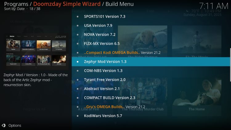 find and select zephyr mod kodi build