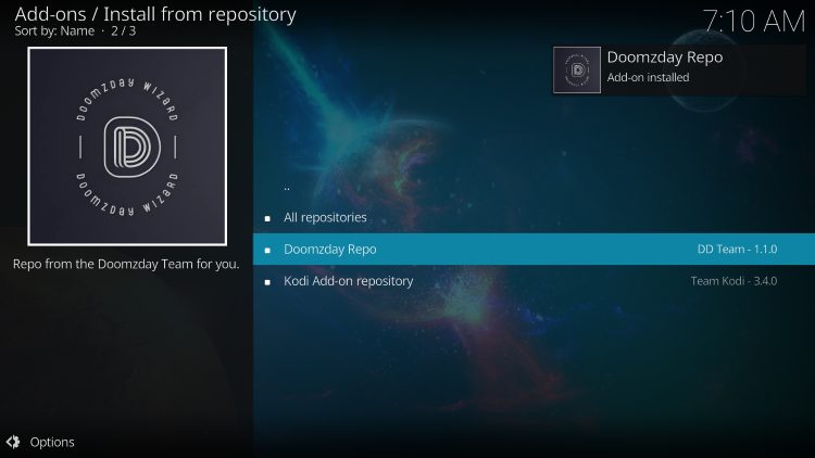 select doomzday repository for zephyr mod kodi build