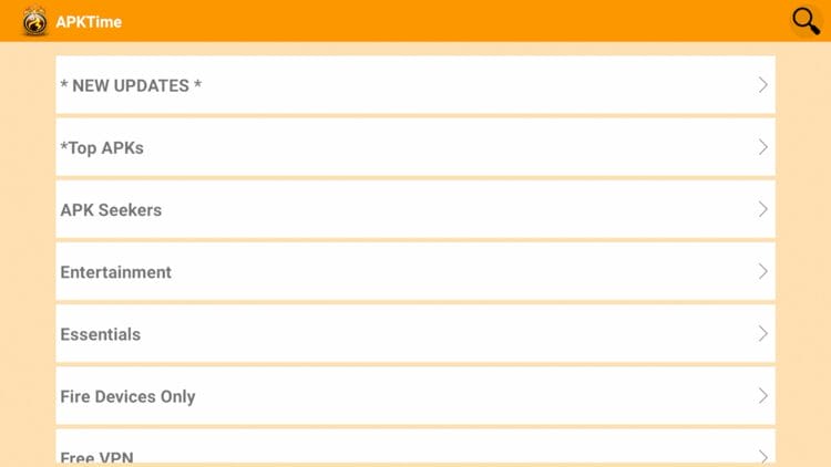 After APKTime launches click the search icon in the top right of your screen.