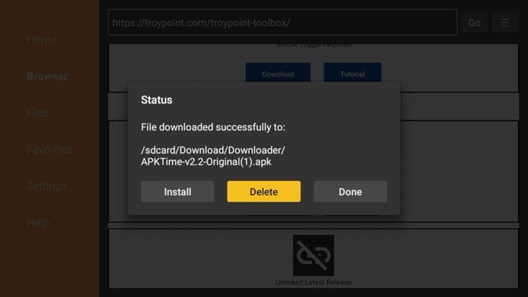 Click Delete as we want to remove the installation file.