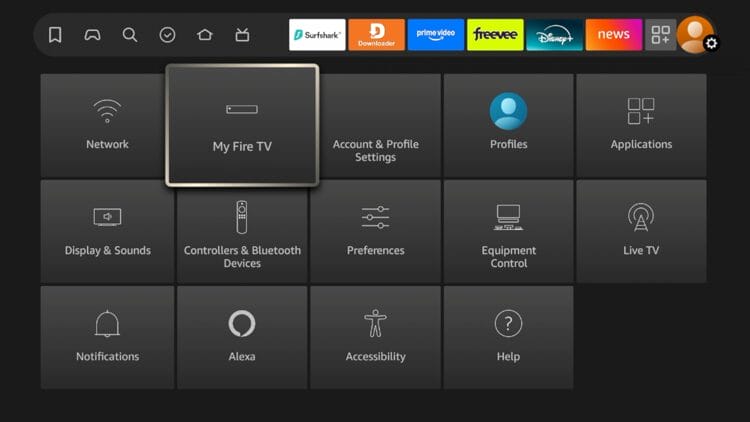 Return back to the home screen of your Fire TV device. Hover over the Settings icon and select My Fire TV.