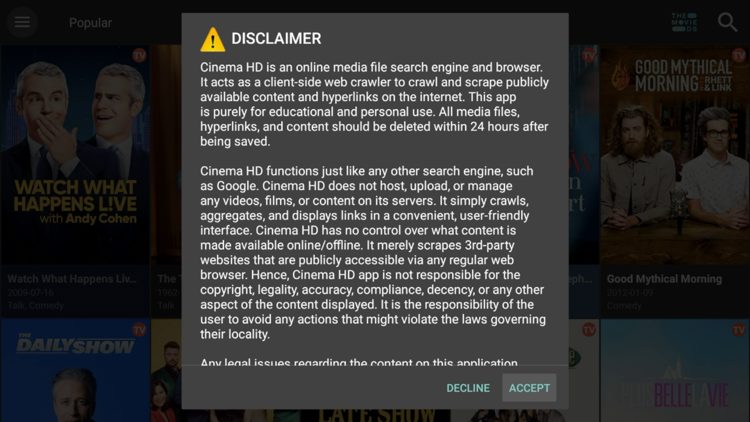 A Disclaimer message will appear. Click Accept to use the application.