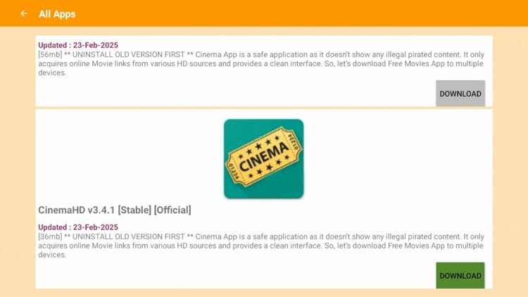 Scroll down to locate Cinema HD [Official] and click Download.