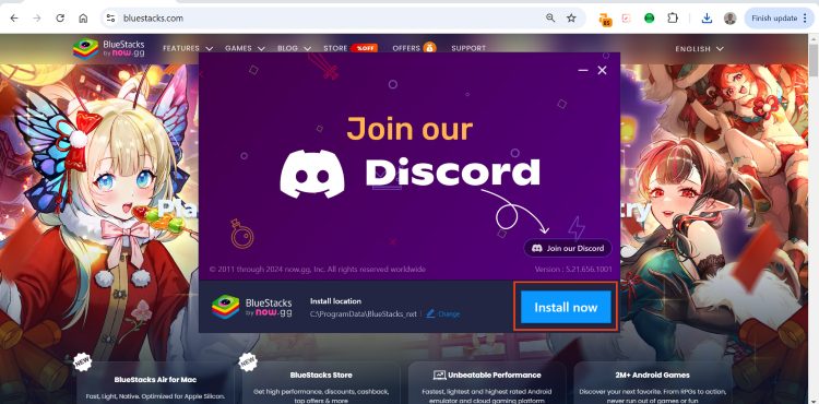 choose install now when bluestacks launches