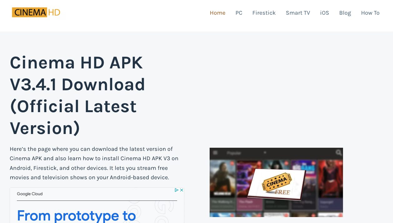 Example of a fake "Cinema HD" website