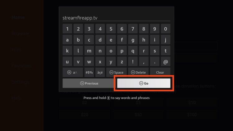 type streamfireapp.tv and click go