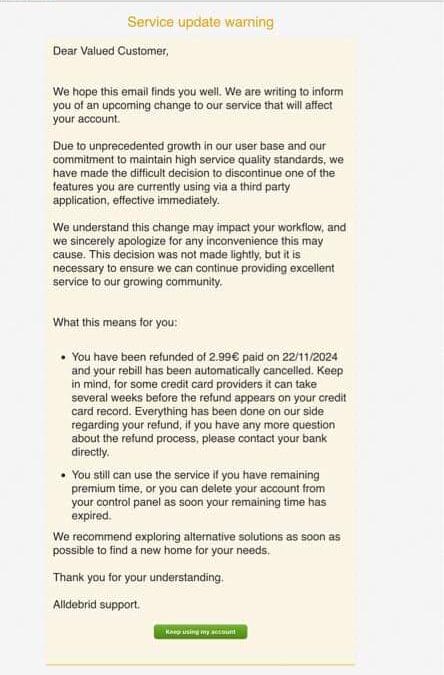 AllDebrid Message to Users