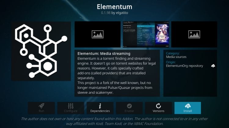 click install elementum kodi addon