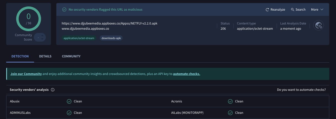 NetFly VirusTotal Scan