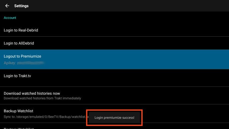 success message for premiumize on beeTV apk