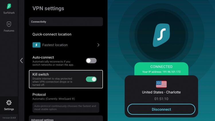 VPN Kill Switch on for Surfshark
