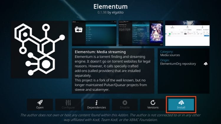 click install elementum kodi addon