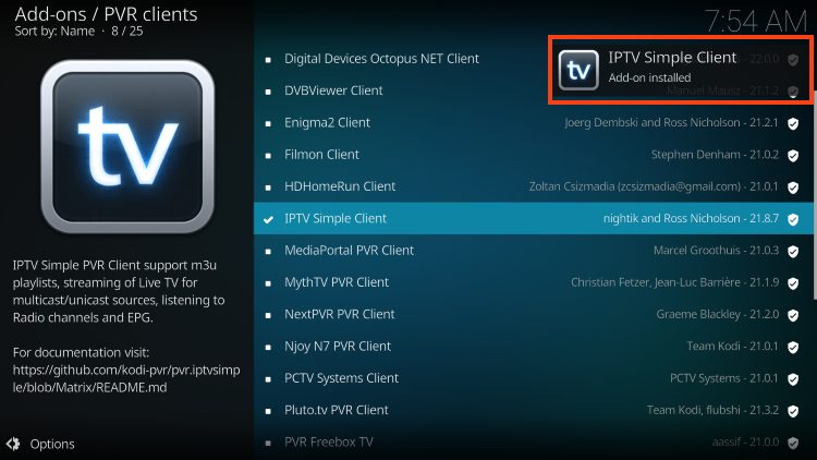 IPTV Simple Client addon installed message appears