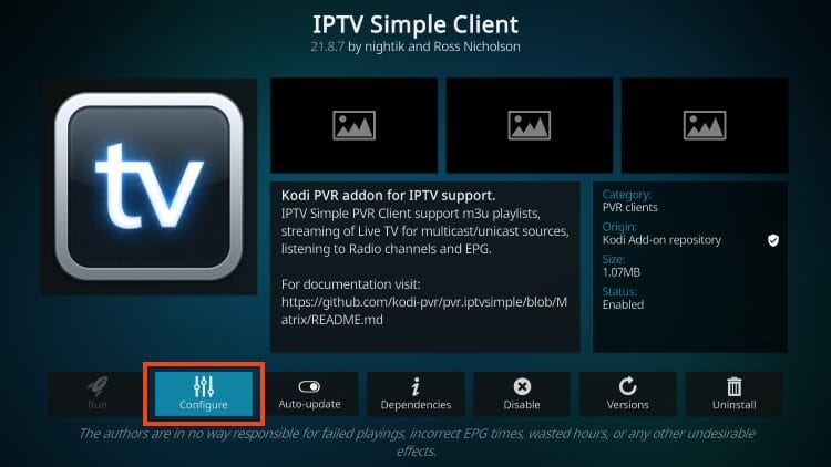 select configure for Kodi IPTV