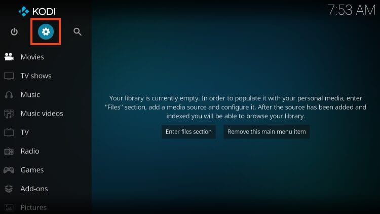 Open the Kodi app and click the Settings icon.