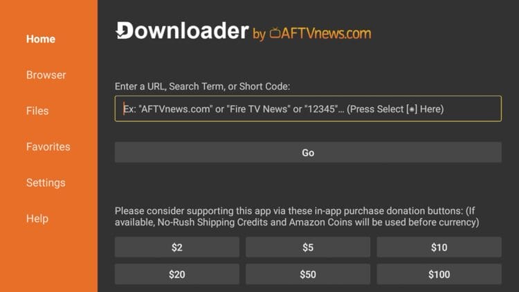 Launch Downloader and hover over the URL Bar and click the select button on your remote.