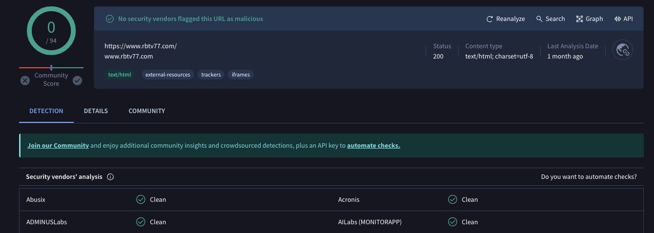 RBTV77 VirusTotal Scan