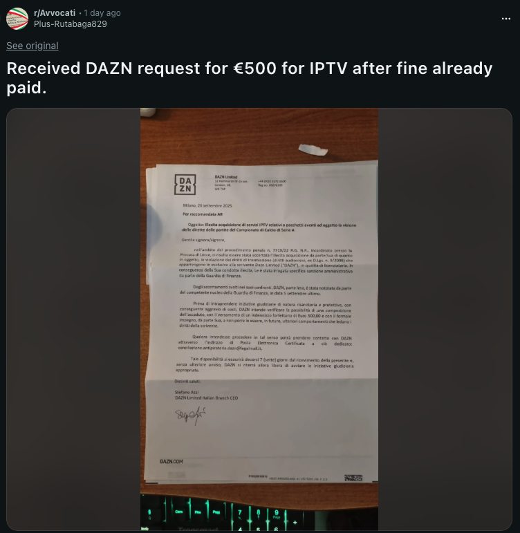 Reddit User Posting DAZN's Letter