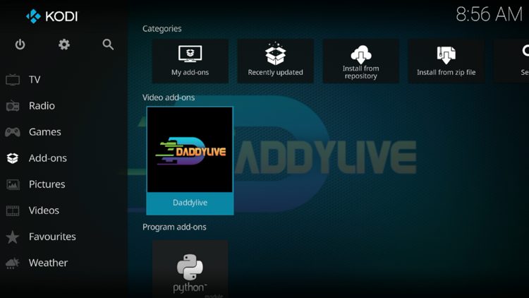 Return back to the home screen of Kodi and hover over Add-ons. Then launch Daddylive.